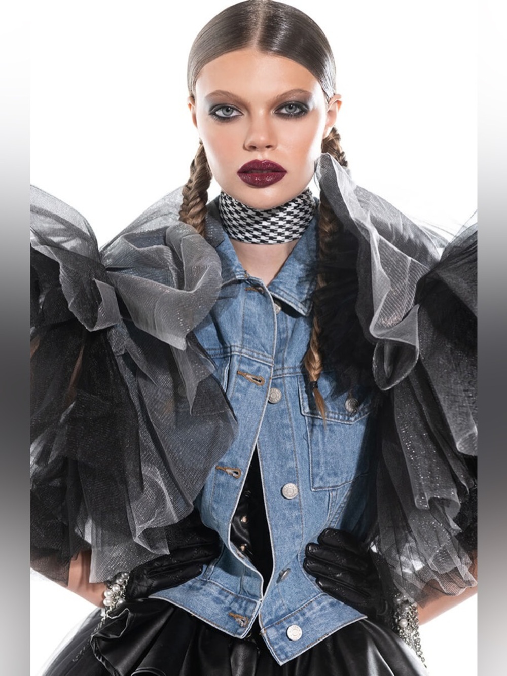 AKIRA Blue Denim Jean Jacket with Black Tulle Ruffled Sleeves - Picture 10 of 11